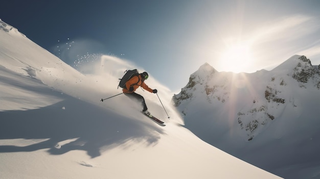 Skier on background of snowcovered mountain in rays of sun quickly descends Active winter vacation