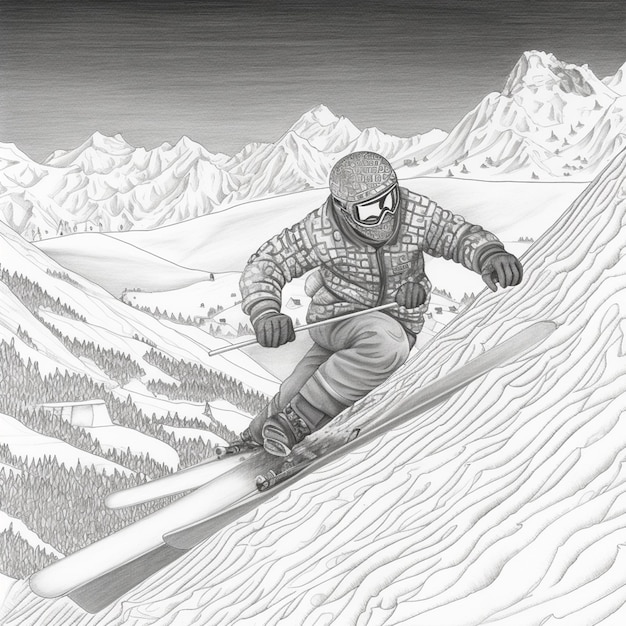 Skier in a black and white drawing of a mountain landscape generative ai