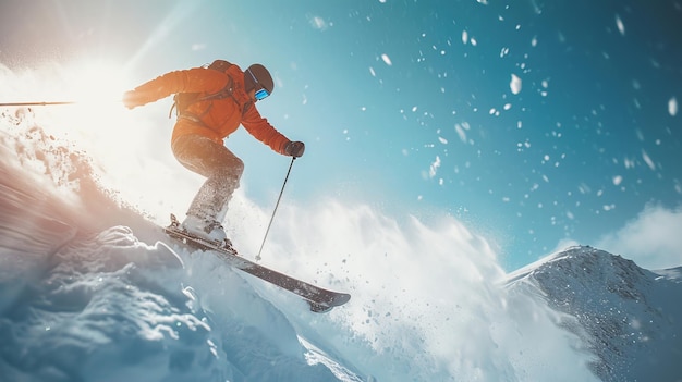 A skier carves through pristine snow with skillful agility against a bright alpine backdrop AI Generative