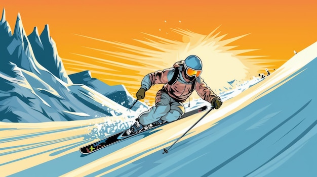 A skier carving down a snowy mountain slope with trees and mountain range in the background G