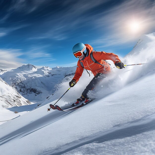 A skier carving fresh tracks on a powdery slope mountains in the backdrop highlighting the thrill