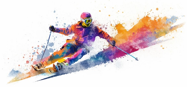 Skier in a colorful watercolor painting on a white background generative ai