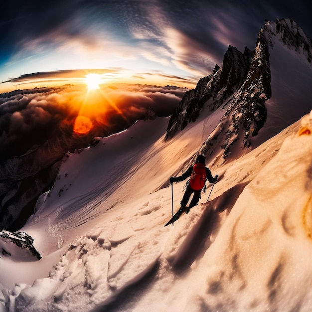 Photo a skier descending from a large snowy mountain generative ai