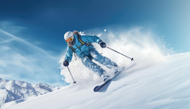 A skier descends from the mountains with a splash of snow on a sunny day