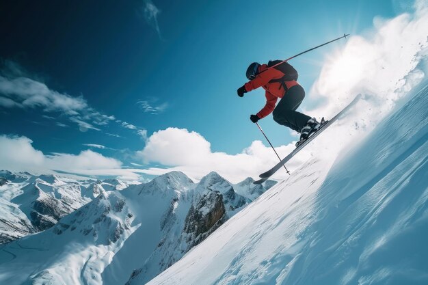 skiër die in de sneeuwbergensport springt