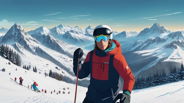 Skier face to camera in front of a mountains under snow