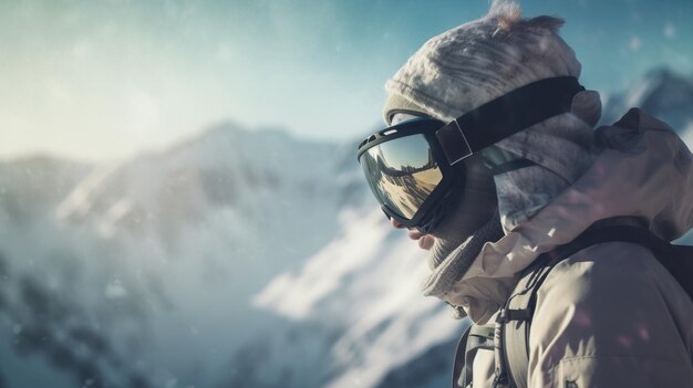 Skier in glasses closeup background of snowcovered ski peaks of the mountains Active winter vacation Header banner mockup with copy space AI generated