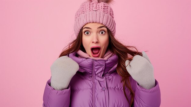 Foto sciatore felice, sbalordito, sorpreso, scioccato. donna sui venti che indossa una calda giacca da windbreaker con imbottitura viola, isolata su uno sfondo rosa semplice.