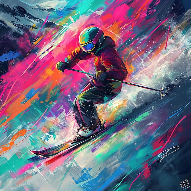 사진 활기찬 다채로운 스트로크 가운데 활동하는 스키 선수 역동적인 예술적 산 풍경