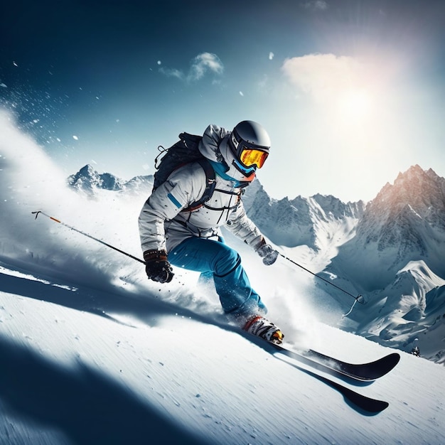 Skiër in een wit jasje en een blauwe broek skiën op een berg generatieve ai