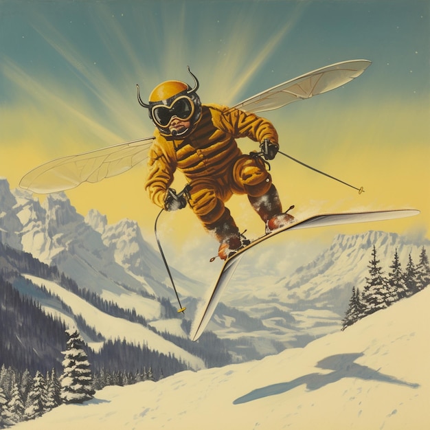 Skiër in geel pak springt van een berg met een enorme vlieg generatieve ai