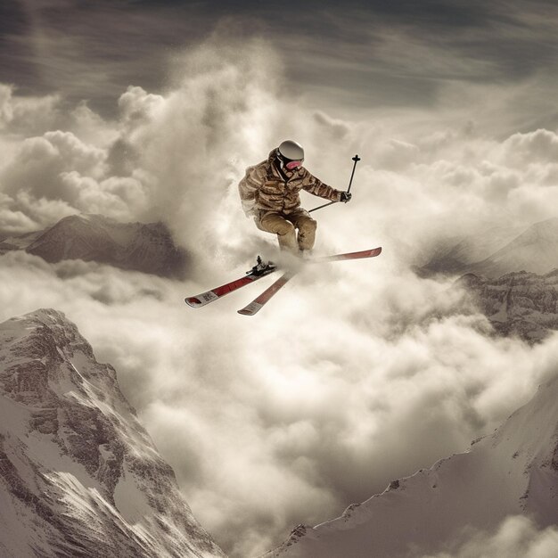 Фото Лыжник в воздухе над заснеженными горами с облаками на заднем плане генеративный ии