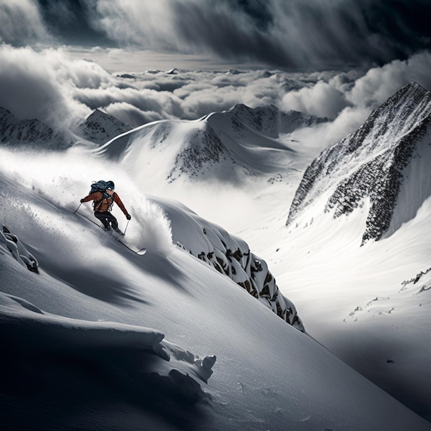 Skiër in oranje jas skiënd van een steile berg bedekt met sneeuw generatieve ai