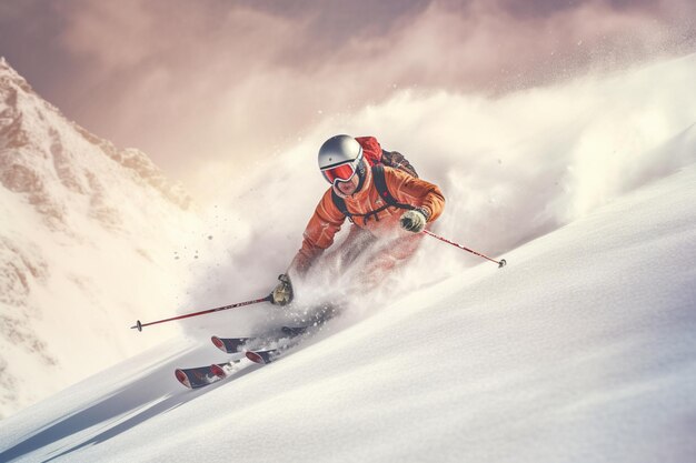 Skiër in oranje jas skiet over een besneeuwde berghelling generatieve ai