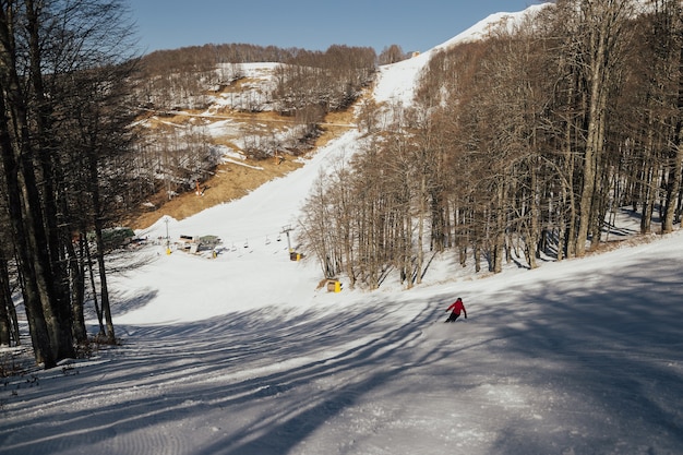 Skiër in rode jas skiën op verse sneeuw