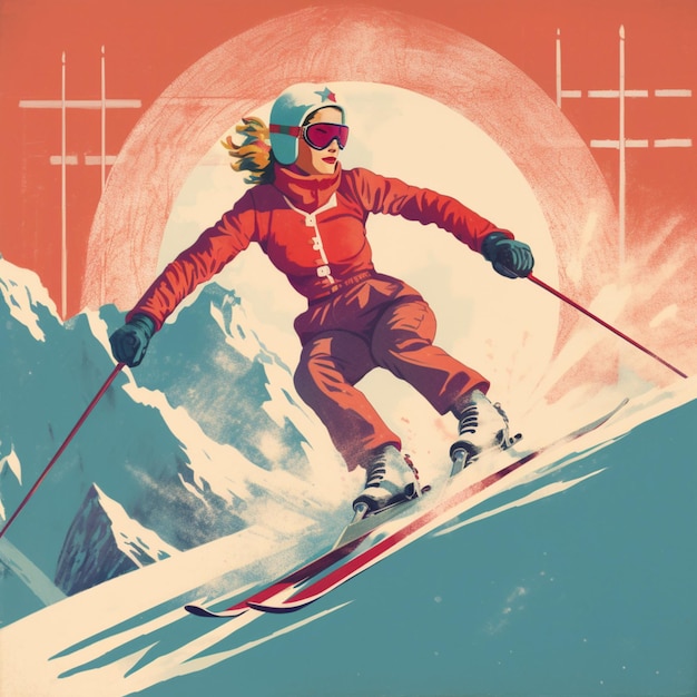 skiër in rood jasje skiën een berg af met een heldere zon op de achtergrond generatieve ai