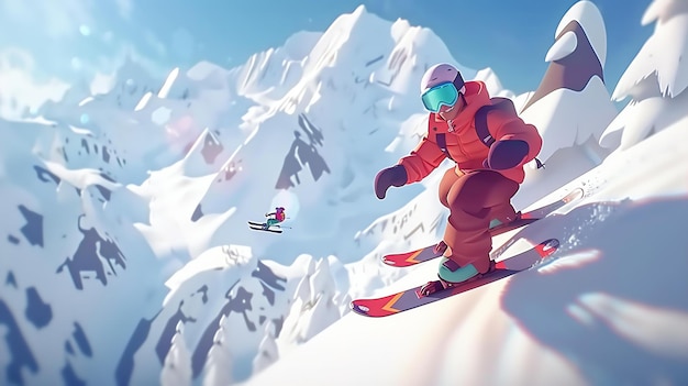 A skier is carving down a steep slope in the mountains The skier is wearing a red jacket and a blue helmet