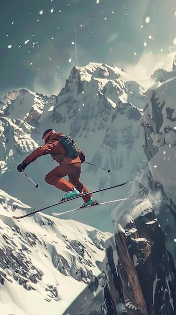スキー選手が空中でフォトリアリズムな風景のスタイルで8kリゾリューション ar916 Job ID b54bf91b06854368b2d4b653c41601dc