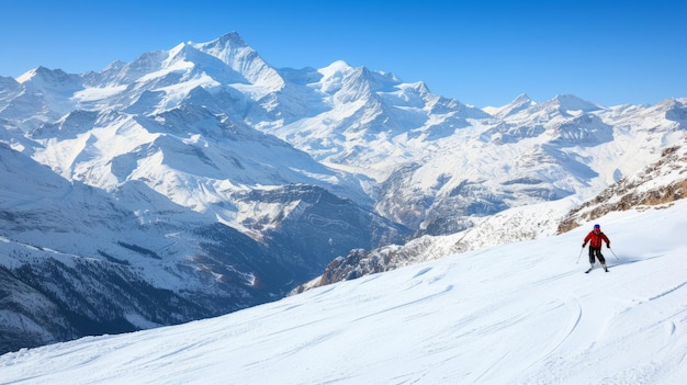 A skier is skiing down a slope in the Alps