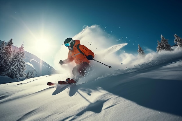 A skier is skiing down a snowy mountain with the sun shining on the mountain behind him.