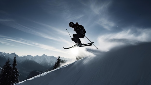 Skier in jump background of snowcovered mountain descends in rays of sun Active winter vacation AI