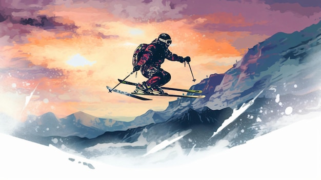 夕日を背に山を飛び越えるスキーヤー。