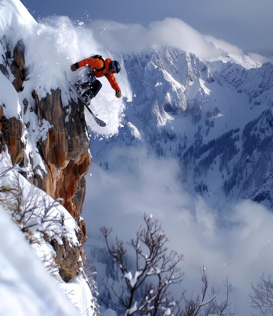 Skier jumping off a cliff