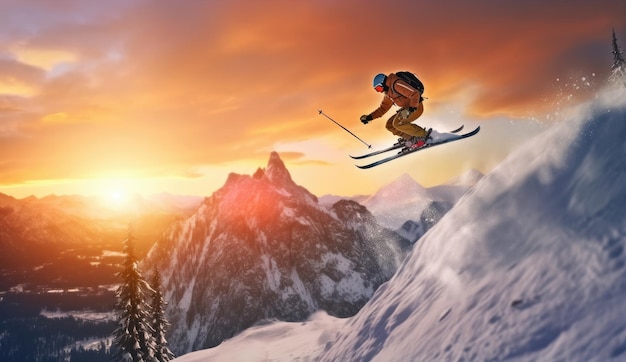 Skier jumping on a snowy mountain Generative AI