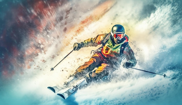 눈 덮인 산에서 점프하는 스키 선수 Generative AI