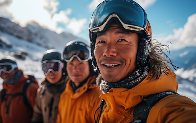 雪山でスキーゴーグルとスキーヘルメットを身に着けたスキーマンと友達