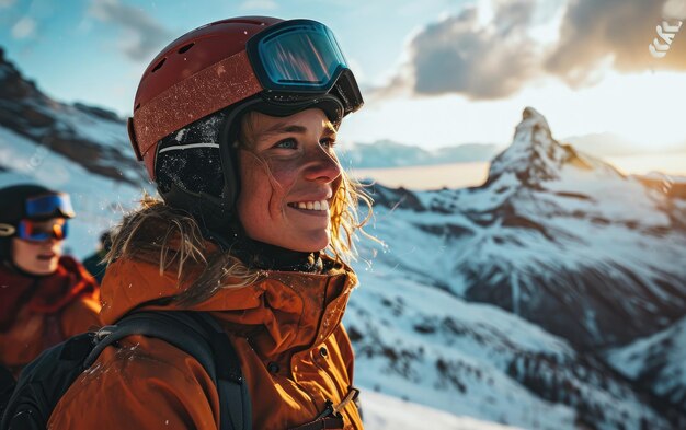 skier man with friends with Ski goggles and Ski helmet on the snow mountain