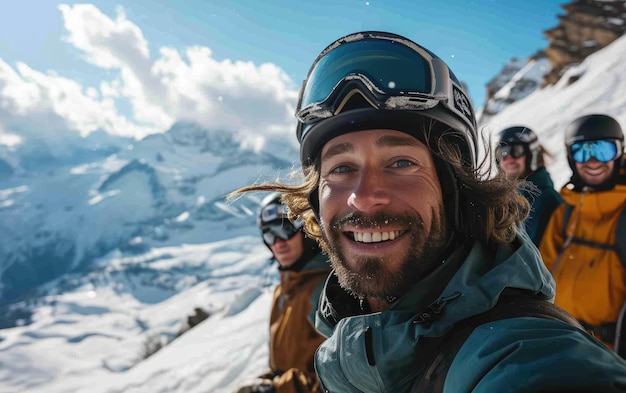 skier man with friends with Ski goggles and Ski helmet on the snow mountain