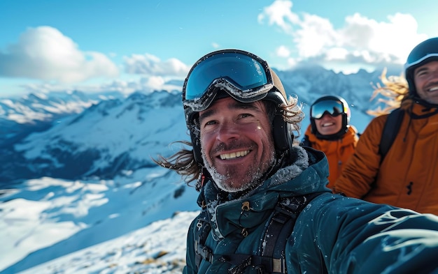 skier man with friends with Ski goggles and Ski helmet on the snow mountain