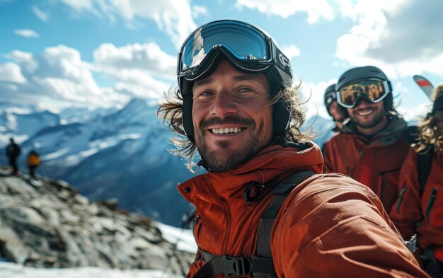 skier man with friends with Ski goggles and Ski helmet on the snow mountain