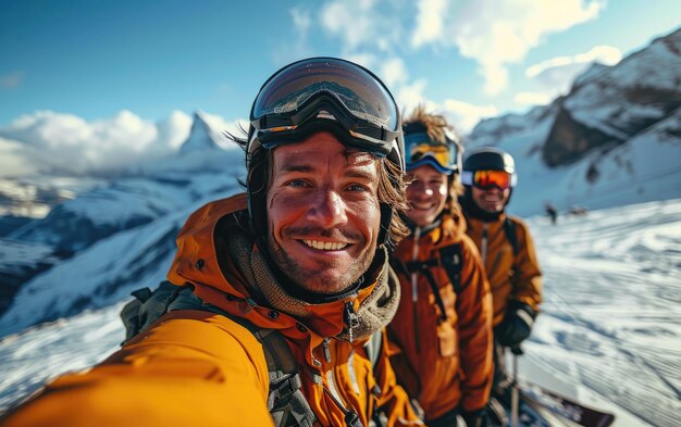 雪山でスキーゴーグルとスキーヘルメットを身に着けたスキーマンと友達