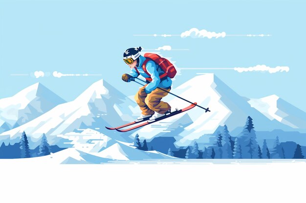 Photo skier in mid air over snowy mountain with trees and clouds generative ai