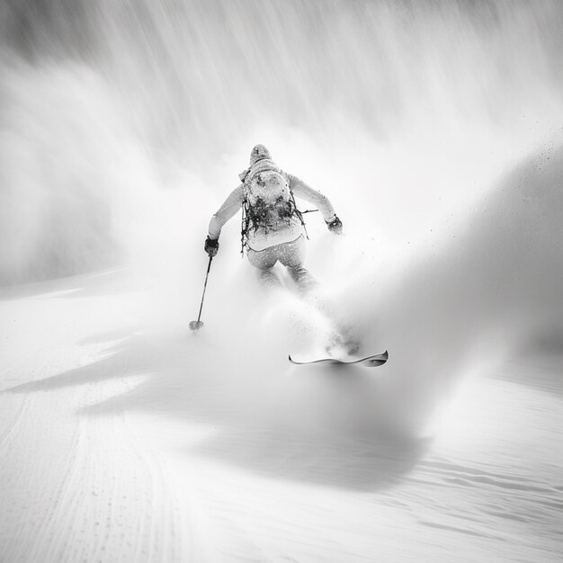 Skier in motion on a snowy slope with spray coming off of it generative ai