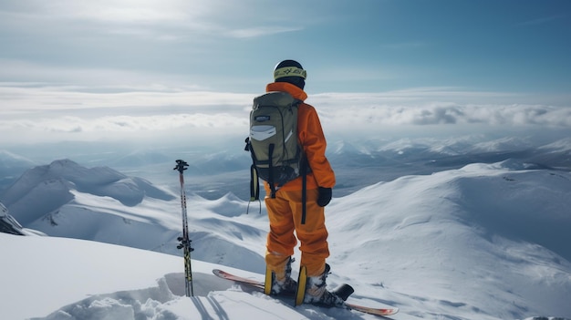 Skiër op de achtergrond van besneeuwde bergen Actieve wintervakantie AI gegenereerd