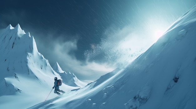 Skiër op de achtergrond van de besneeuwde berg in de zonnestralen snel afdaalt Actieve wintervakantie