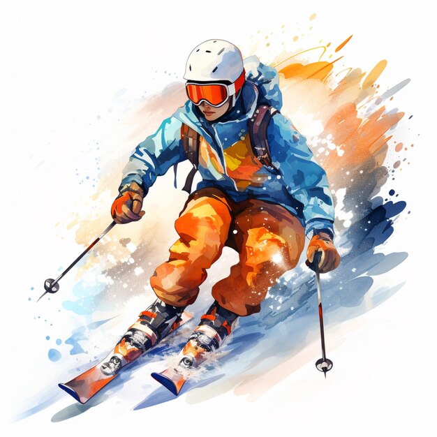 Photo skier in orange and blue jacket skiing down a slope generative ai