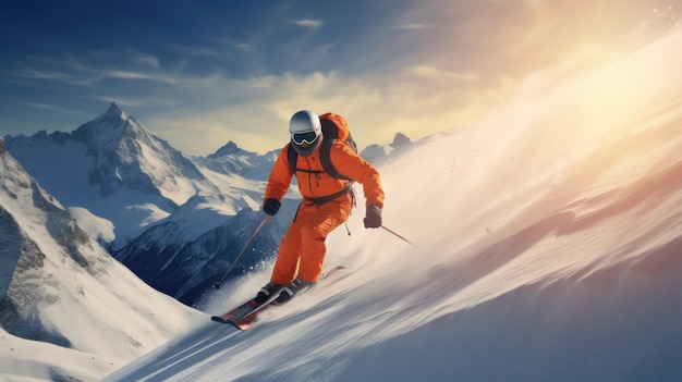 Skier in Orange Descending Mountain