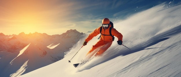 Photo skier in orange descending mountain