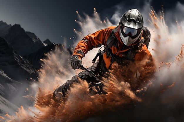 skier in orange jacket and black pants riding down a mountain generative ai