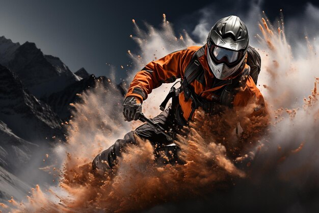 Skier in orange jacket and black pants riding down a mountain generative ai