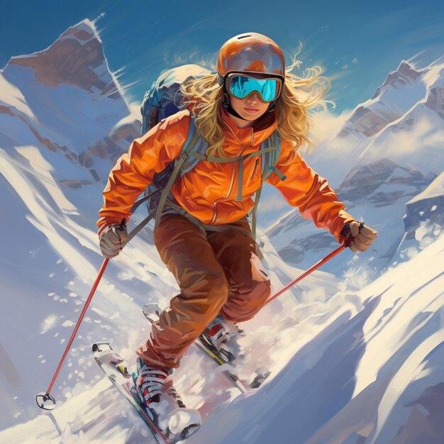 skier in orange jacket and goggles skiing down a snowy mountain generative ai