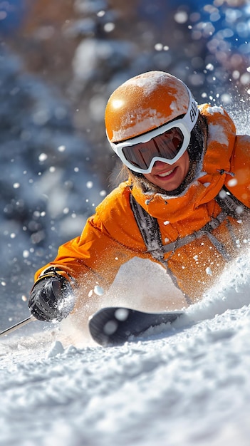 skier orange jacket goggles skiing down snowy slope luxury advertisement expressing joy low pressure