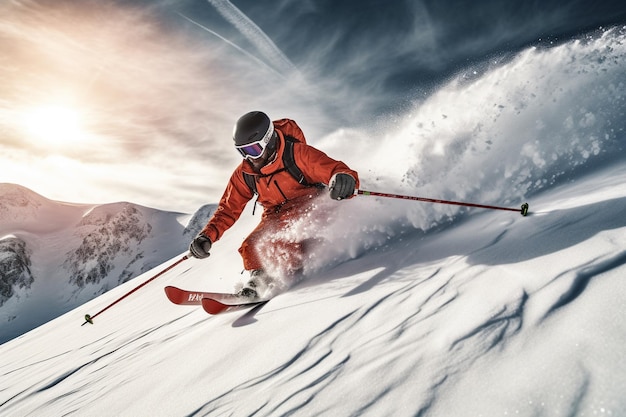 Skier in orange jacket skiing down a steep mountain slope generative ai