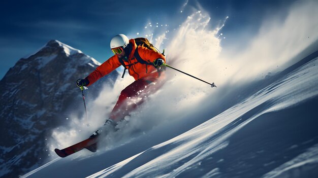 Skier on piste running downhill