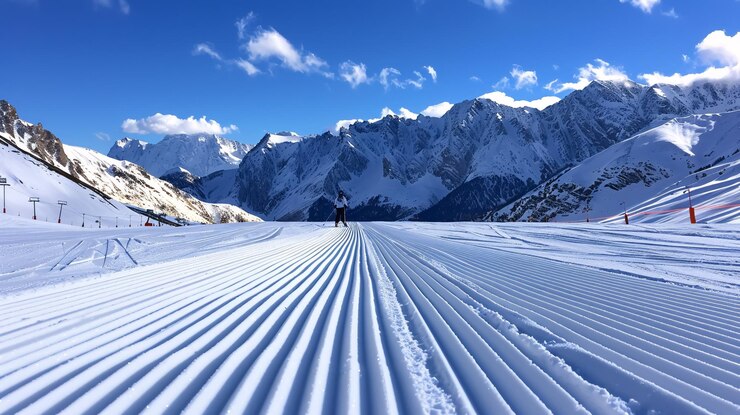 Photo skier on prepared piste skier enjoying a prepared piste on a sunny day