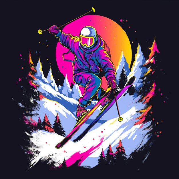 Photo skier in a purple suit is skiing down a mountain with a bright sun in the background generative ai